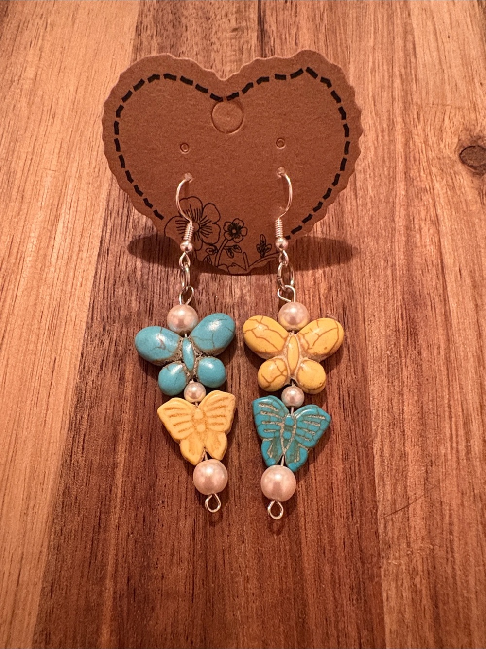 Turquoise & Yellow Butterfly Drop Earrings with Pearl Accents